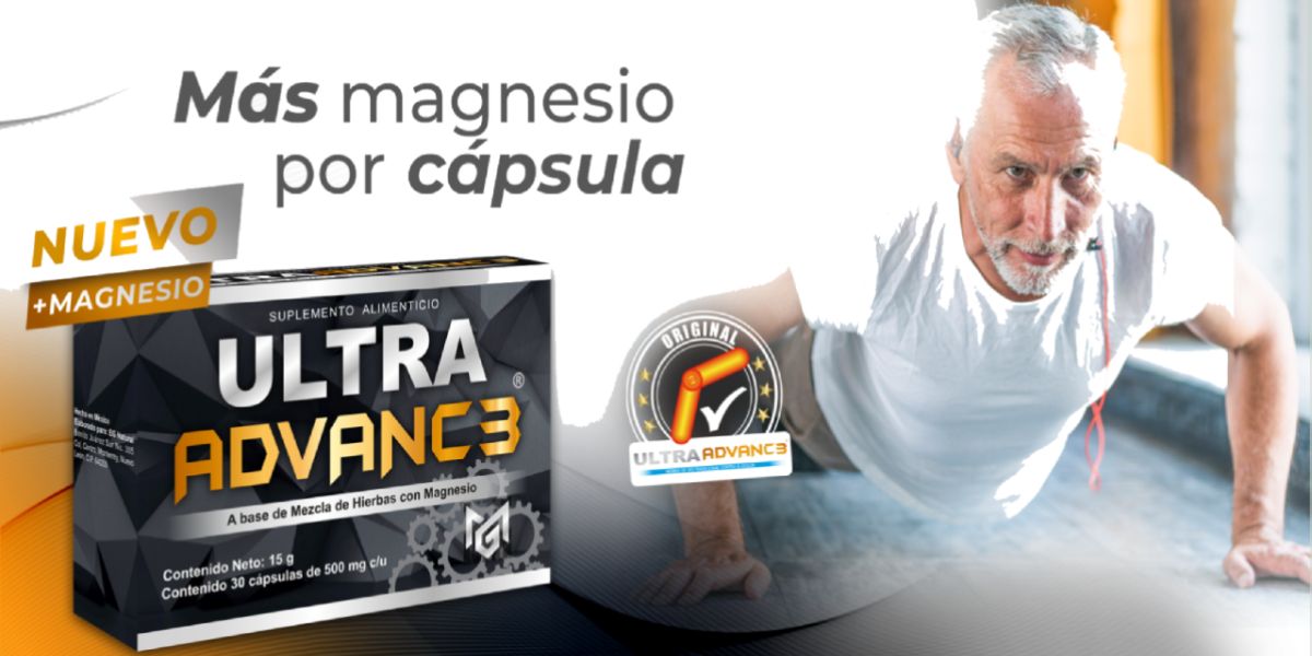 Banner de Ultra advance black, la negra mg, en la imagen un hombre adulto mayor, haciendo ejercicio, lagartijas y a un lado una caja de capsulas ultra advance negras, dice: Más magnesio por cápsula. Eg natural, energreen.