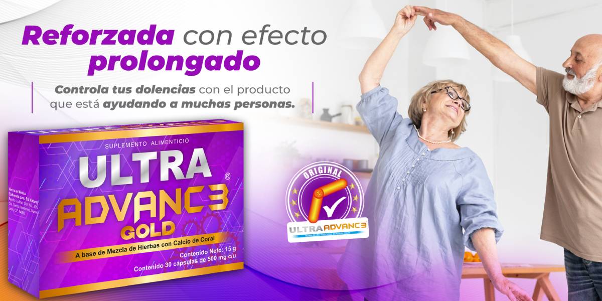 Banner de Ultra advance gold la morada, en la imagen una pareja de adultos mayores, bailando sonriendo y a un lado una caja de capsulas ultra advance gold, dice: Reforzada con efecto prolongado. Eg natural, energreen.
