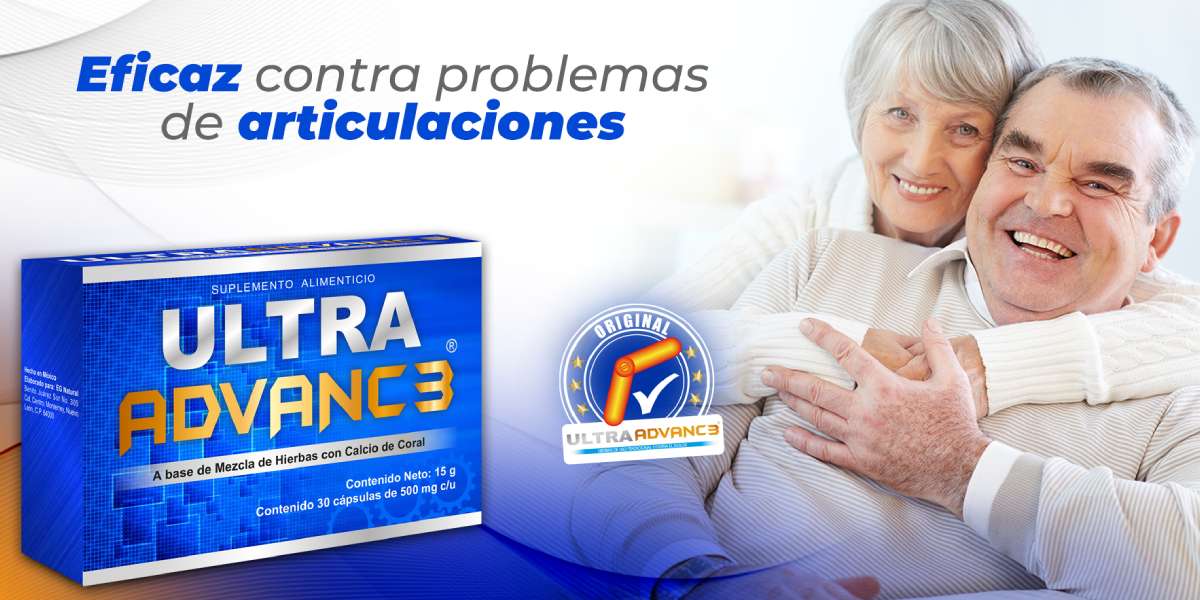 Banner de Ultra advance la azul, en la imagen una pareja de adultos mayores, abrazados sonriendo y a un lado una caja de capsulas ultra advance azules, dice: eficaz contra problemas de articulaciones. Eg natural, energreen.