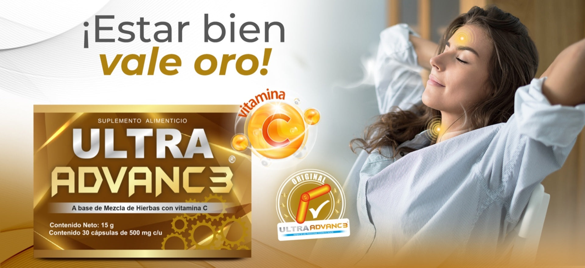 Banner de Ultra advance dorada-oro, en la imagen una pareja de adultos mayores, abrazados sonriendo y a un lado una caja de capsulas ultra advance azules, dice: eficaz contra problemas de articulaciones. Eg natural, energreen.