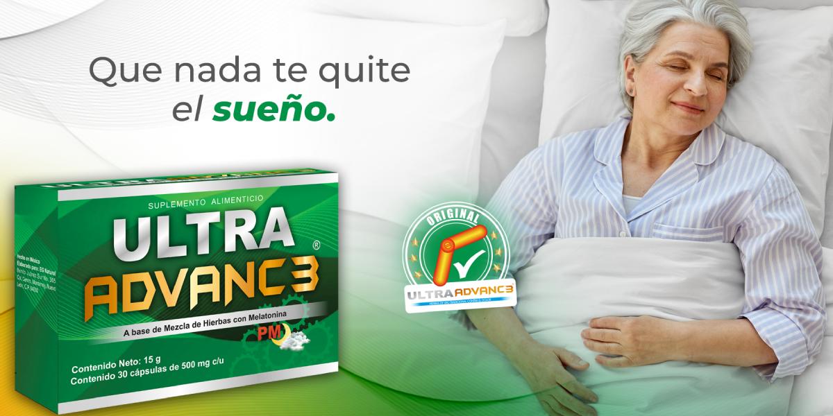 Banner de Ultra advance pm la verde, en la imagen una mujer adulto mayor, dormida, descansando en la cama sonriendo 
y a un lado una caja de capsulas ultra advance pm verdes, dice: Que nada te quite el sueño. Eg natural, energreen.